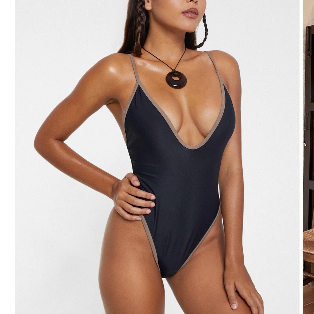 Chic Black and Tan One-Piece Swimsuit with Plunging V-Neck